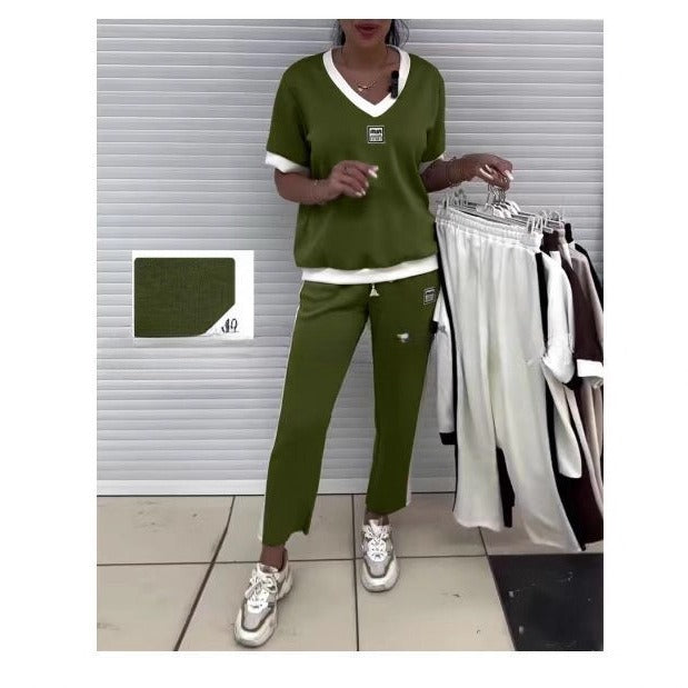 Casual Solid Color And V-neck Women's Sports Suit