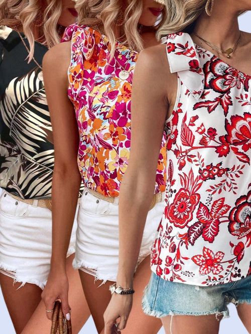 3pcs Holidaya Allover Floral Print Knot One Shoulder Blouse