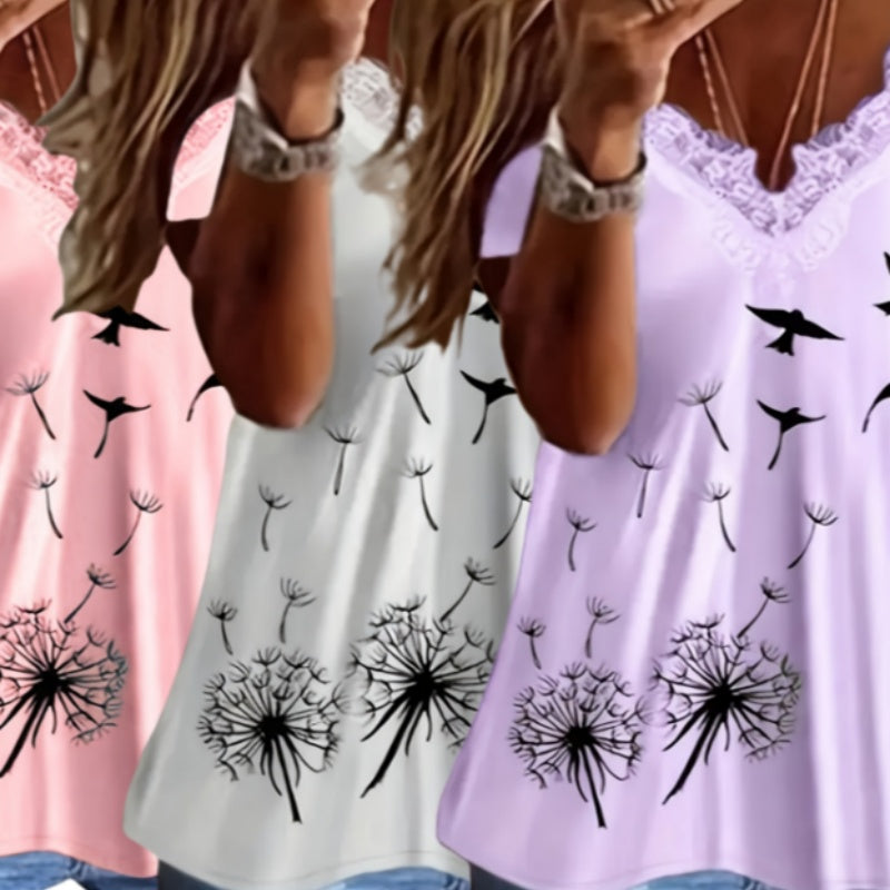 Color Blocked Lace Dandelion Printed T-shirt  3PC Set